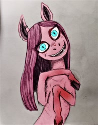 Size: 1950x2497 | Tagged: safe, artist:necromarecy, pinkie pie, earth pony, pony, g4, creepy, ear piercing, earring, eye clipping through hair, female, head tilt, jewelry, looking at you, piercing, pinkamena diane pie, realistic horse legs, ribs, solo, teeth, traditional art