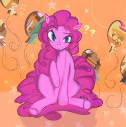 Size: 1607x1621 | Tagged: safe, artist:hotots, pinkie pie, earth pony, pony, g4, confused, female, looking at you, question mark, raised eyebrow, sitting