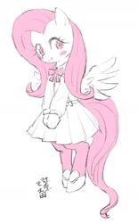 Size: 998x1608 | Tagged: safe, artist:yanamosuda, fluttershy, pegasus, pony, g4, bipedal, blouse, blushing, bow, clothes, cute, dress, female, pleated skirt, shoes, simple background, skirt, socks, solo, white background