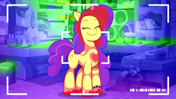 Size: 3500x1968 | Tagged: safe, screencap, izzy moonbow, pony, unicorn, g5, my little pony: tell your tale, the game is ahoof, spoiler:g5, spoiler:my little pony: tell your tale, spoiler:tyts01e12, eyes closed, female, heart, solo, thermal vision, upscaled