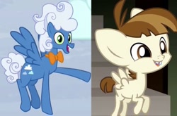 Size: 1780x1172 | Tagged: safe, edit, edited screencap, screencap, featherweight, fluffy clouds, pegasus, pony, g4, big ears, bucktooth, colt, comparison, cute, flying, foal, male, smiling, spread wings, stallion, wings