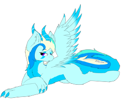 Size: 2000x1800 | Tagged: safe, artist:thekamko, oc, oc only, oc:arctic plasma, dracony, dragon, hybrid, chest fluff, claws, ear fluff, female, horns, lying down, paws, simple background, smiling, solo, spread wings, transparent background, wings