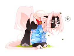 Size: 2304x1728 | Tagged: safe, artist:zlatavector, oc, oc only, oc:kate braxton, bee, insect, pegasus, pony, box, clothes, cloven hooves, dissatisfied, ear piercing, earring, female, hoodie, jewelry, long tail, mare, piercing, short hair, simple background, solo, tail, white background