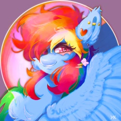 Size: 2048x2048 | Tagged: safe, artist:yumkandie, rainbow dash, pegasus, pony, g4, abstract background, chest fluff, ear piercing, earring, female, heart eyes, high res, jewelry, looking at you, piercing, smiling, solo, wingding eyes