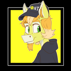 Size: 5000x5000 | Tagged: safe, artist:xasslash, oc, oc only, oc:ricky albedo, earth pony, anthro, cap, clothes, facial hair, goatee, hat, simple background, solo, yellow background