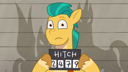 Size: 3410x1920 | Tagged: safe, screencap, hitch trailblazer, earth pony, pony, g5, my little pony: tell your tale, the game is ahoof, spoiler:g5, spoiler:my little pony: tell your tale, spoiler:tyts01e12, high res, male, mugshot, solo, stallion
