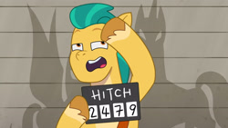 Size: 3410x1920 | Tagged: safe, screencap, hitch trailblazer, earth pony, pony, g5, my little pony: tell your tale, the game is ahoof, spoiler:g5, spoiler:my little pony: tell your tale, spoiler:tyts01e12, high res, male, mugshot, open mouth, solo, stallion