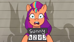 Size: 3410x1920 | Tagged: safe, screencap, sunny starscout, earth pony, pony, g5, my little pony: tell your tale, the game is ahoof, spoiler:g5, spoiler:my little pony: tell your tale, spoiler:tyts01e12, female, high res, mane stripe sunny, mare, mugshot, open mouth, solo