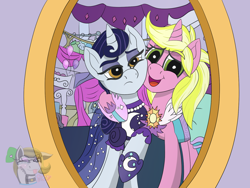 Size: 1600x1200 | Tagged: safe, artist:gray star, derpibooru exclusive, moonlight raven, sunshine smiles, pony, unicorn, canterlot boutique, g4, clothes, cute, dress, duo, female, happy, hug, jewelry, mare, mirror, open mouth, open smile, scene interpretation, siblings, sisters, smiling