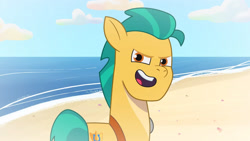 Size: 3410x1920 | Tagged: safe, screencap, hitch trailblazer, earth pony, pony, g5, my little pony: tell your tale, the game is ahoof, spoiler:g5, spoiler:my little pony: tell your tale, spoiler:tyts01e12, beach, high res, male, open mouth, open smile, smiling, solo, stallion