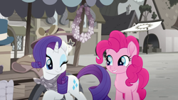 Size: 1920x1080 | Tagged: safe, screencap, pinkie pie, rarity, g4, my little pony: rainbow roadtrip, one eye closed, wink