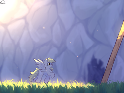 Size: 1600x1200 | Tagged: safe, artist:glazirka, derpy hooves, pegasus, pony, g4, cave, grass, solo, stone wall, sunlight, trotting