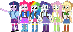 Size: 1280x566 | Tagged: safe, artist:rupahrusyaidi, applejack, fluttershy, pinkie pie, rainbow dash, rarity, twilight sparkle, alicorn, human, equestria girls, g4, clothes, cutie mark on clothes, humane five, humane six, jetpack, simple background, transparent background, twilight sparkle (alicorn)