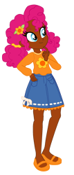 Size: 880x2048 | Tagged: safe, artist:vernorexia, part of a set, pinkie pie, human, equestria girls, g4, afro, afro puffs, bow, clothes, cosplay, costume, crossover, curly hair, dark skin, denim skirt, flower, flower in hair, hair bun, human coloration, mary janes, orange blossom (strawberry shortcake), orange shirt, part of a series, pink hair, scrunchie, shoes, simple background, skirt, solo, strawberry shortcake, sweatshirt, transparent background