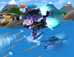 Size: 2784x2153 | Tagged: safe, artist:flintexp, rainbow dash, twilight sparkle, pegasus, pony, unicorn, g4, flying, high res, jetpack