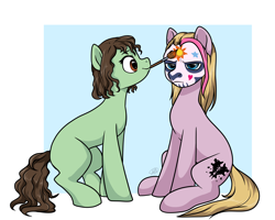 Size: 3500x2800 | Tagged: safe, artist:megabait, oc, oc only, oc:svidetell, earth pony, pony, duo, face paint, female, high res, makeup, male, mouth hold, oc x oc, paintbrush, shipping, sitting