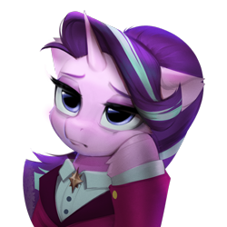 Size: 1000x1000 | Tagged: safe, artist:vensual99, starlight glimmer, pony, unicorn, collaboration:choose your starlight, bored, bust, collaboration, eyebrows, female, frown, headmare starlight, hoof on cheek, lidded eyes, mare, simple background, solo, tired, transparent background, unamused