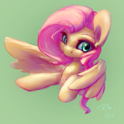 Size: 1941x1941 | Tagged: safe, artist:rainsketch, fluttershy, pegasus, pony, g4, bust, eyebrows, female, green background, mare, portrait, signature, simple background, smiling, solo, spread wings, wings