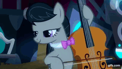 Size: 640x360 | Tagged: safe, screencap, dj pon-3, octavia melody, vinyl scratch, earth pony, pony, unicorn, a horse shoe-in, g4, season 9, animated, bipedal, bow (instrument), cello, cello bow, disc jockey, duo, eyes closed, female, gif, gifs.com, grin, mare, musical instrument, open mouth, open smile, smiling