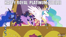 Size: 640x360 | Tagged: safe, edit, edited screencap, editor:quoterific, screencap, amethyst star, berry punch, berryshine, daisy, dark moon, dizzy twister, flower wishes, graphite, ivory, ivory rook, merry may, minuette, orange swirl, princess celestia, princess luna, rainbowshine, sea swirl, seafoam, sparkler, twilight sparkle, alicorn, earth pony, pony, unicorn, g4, magical mystery cure, season 3, animated, big crown thingy, crown, element of magic, female, gif, gifs.com, grin, impact font, jewelry, mare, open mouth, open smile, queen elizabeth, queen elizabeth ii, regalia, smiling, spread wings, text, twilight sparkle (alicorn), united kingdom, wings