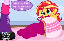 Size: 2360x1520 | Tagged: safe, artist:mommymidday, sunset shimmer, twilight sparkle, human, equestria girls, g4, abdl, ass, butt, clothes, dialogue, diaper, diaper fetish, feet, fetish, looking up, non-baby in diaper, offscreen character, pacifier, show accurate, sitting on floor, socks, speech bubble, thigh highs