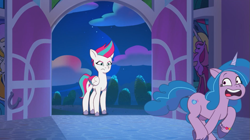 Size: 1023x574 | Tagged: safe, screencap, izzy moonbow, zipp storm, pegasus, pony, unicorn, g5, my little pony: tell your tale, the game is ahoof, spoiler:tyts01e12, angry, duo, duo female, female, mare, night, nightime, running, running away