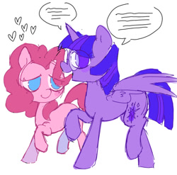 Size: 540x533 | Tagged: safe, artist:thatna, pinkie pie, twilight sparkle, alicorn, earth pony, pony, g4, dialogue, female, heart, horn, lesbian, mare, raised hoof, ship:twinkie, shipping, simple background, smiling, speech bubble, talking, twilight sparkle (alicorn), white background, wings