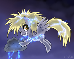Size: 1200x960 | Tagged: safe, artist:empyu, derpy hooves, pegasus, pony, g4, cloud, cute, derpabetes, electricity, female, flying, grin, gritted teeth, hooves, lightning, mare, one eye closed, signature, smiling, solo, spread wings, tail, teeth, wings