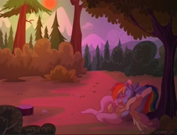 Size: 2028x1551 | Tagged: safe, artist:wonderwaifu, fluttershy, rainbow dash, pegasus, pony, g4, blushing, cuddling, duo, eyes closed, female, forest, kissing, lesbian, lying down, making out, mare, on back, passionate, romantic, scenery, ship:flutterdash, shipping, spread wings, sunset, wings
