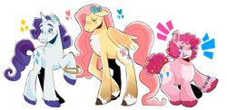 Size: 1280x626 | Tagged: safe, artist:skillbattle, fluttershy, pinkie pie, rarity, butterfly, earth pony, pegasus, pony, unicorn, g4, emanata, female, heart, horn, mare, raised hoof, simple background, smiling, sparkles, white background, wings