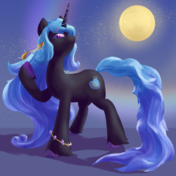 Size: 4500x4500 | Tagged: safe, artist:felldeal, izzy moonbow, pony, unicorn, g5, absurd resolution, bracelet, eyebrows, eyebrows visible through hair, female, full body, hooves, horn, jewelry, mare, moon, nightmare moonbow, nightmarified, raised hoof, shadow, solo, standing, tail, underhoof, unshorn fetlocks