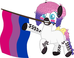 Size: 1157x897 | Tagged: safe, alternate version, artist:yeetmedownthestairs, oc, oc only, oc:zuri sambo, zebra, bisexual pride flag, bow, braided tail, commission, cute, ear piercing, earring, face paint, grin, jewelry, mouth hold, piercing, pride, pride flag, pride month, raised hoof, raised leg, simple background, smiling, solo, tail, tail bow, transparent background, ych result, zebra oc