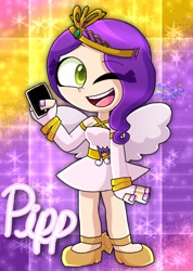 Size: 720x1014 | Tagged: safe, artist:tom-x-dajimi, pipp petals, human, g5, cellphone, clothes, humanized, one eye closed, phone, smiling, winged humanization, wings, wink