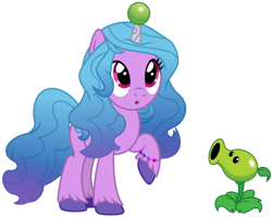Size: 1024x821 | Tagged: safe, artist:emeraldblast63, izzy moonbow, pony, unicorn, g4, g5, crossover, cute, food, g5 to g4, generation leap, horn, horn impalement, izzy impaling things, pea, peashooter, plant, plants vs zombies, raised hoof, simple background, transparent background