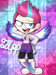Size: 1200x1600 | Tagged: safe, artist:tom-x-dajimi, zipp storm, human, g5, adorazipp, boots, clothes, converse, cute, female, humanized, leggings, open mouth, shirt, shoes, shorts, solo, winged humanization, wings