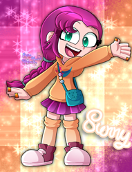 Size: 1200x1572 | Tagged: safe, artist:tom-x-dajimi, sunny starscout, human, g5, bag, clothes, converse, cute, female, hoodie, humanized, kneesocks, miniskirt, nail polish, open mouth, shoes, skirt, socks, solo, stockings, sunnybetes, thigh highs, thigh socks
