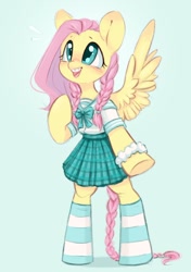 Size: 746x1061 | Tagged: safe, artist:melodylibris, fluttershy, pegasus, semi-anthro, g4, arm hooves, blouse, blue background, blushing, braces, braid, braided tail, clothes, cute, emanata, female, looking up, open mouth, open smile, shyabetes, simple background, skirt, smiling, socks, solo, spread wings, striped socks, tail, wings