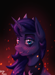 Size: 1000x1346 | Tagged: safe, artist:vezja, princess luna, alicorn, pony, g4, blushing, bust, female, fire, horn, jewelry, looking at you, mare, peytral, portrait, regalia, signature, simple background, smiling, tiara