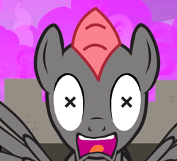 Size: 792x720 | Tagged: safe, oc, oc only, oc:donut, pegasus, pony, dusk's dawn, dead, male, open mouth, shocked, spread wings, stallion, wingding eyes, wings, x eyes, youtube link