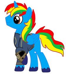 Size: 1214x1348 | Tagged: safe, artist:php170, oc, oc only, oc:shield wing, alicorn, pony, fallout equestria, clothes, fallout, horn, jumpsuit, male, pipboy, ponytail, simple background, smiling, solo, stallion, tail, transparent background, vault suit, vector, wings