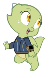 Size: 600x933 | Tagged: safe, artist:php170, artist:queencold, oc, oc only, oc:jade (queencold), dragon, fallout equestria, baby, baby dragon, clothes, fallout, female, horn, jumpsuit, looking at you, pipboy, simple background, smiling, smiling at you, solo, tail, transparent background, vault suit, vector, wings
