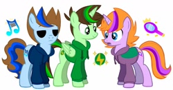 Size: 1378x720 | Tagged: safe, artist:tom-x-dajimi, alicorn, earth pony, pony, unicorn, clothes, crossover, edd gould (eddsworld), eddsworld, electricity, hoodie, horn, magnifying glass, matt (eddsworld), music notes, ponified, simple background, smiling, tom (eddsworld), white background, wings