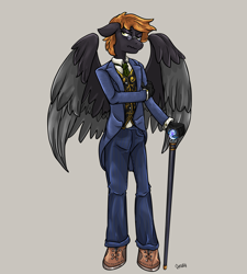 Size: 5955x6613 | Tagged: safe, artist:ghouleh, oc, oc only, oc:preening oil, pegasus, anthro, absurd resolution, anthro oc, cane, clothes, frown, glasses, gray background, grumpy, male, necktie, pegasus oc, shoes, signature, simple background, solo, stallion, suit, vest, wings