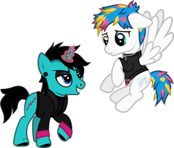 Size: 1793x1528 | Tagged: safe, artist:lightningbolt, derpibooru exclusive, part of a set, pegasus, pony, unicorn, .svg available, as it is, awsten knight, clothes, crack shipping, duo, duo male, dyed mane, dyed tail, ear piercing, ears back, eyeliner, eyeshadow, flying, gay, glowing, glowing horn, heterochromia, hoof polish, horn, horn piercing, horseshoes, jacket, jewelry, long sleeves, magic, makeup, male, necklace, nose piercing, patty walters, piercing, ponified, raised hoof, shipping, shirt, simple background, spread wings, stallion, svg, t-shirt, tail, tattoo, transparent background, undershirt, vector, waterparks, wings