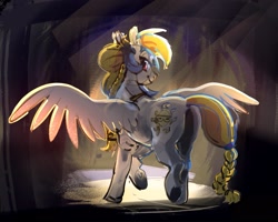 Size: 2207x1767 | Tagged: safe, artist:alumx, golden feather, princess celestia, pegasus, pony, g4, spoiler:comic, spoiler:comic65, butt, female, lidded eyes, looking at you, looking back, looking back at you, mare, plot, smiling, smiling at you, solo, spread wings, wings