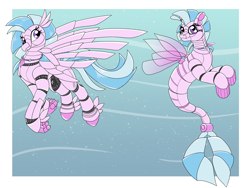 Size: 3600x2700 | Tagged: safe, artist:heart-of-a-dragoness, silverstream, classical hippogriff, hippogriff, robot, seapony (g4), taur, g4, blue background, bubble, commission, digital art, female, fin wings, fins, fish tail, high res, jewelry, necklace, ocean, pearl necklace, roboticization, simple background, smiling, solo, swimming, tail, underwater, water, wings