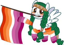 Size: 1262x887 | Tagged: safe, alternate version, artist:yeetmedownthestairs, oc, oc only, oc:olivia leaf, pegasus, pony, braid, braided tail, clothes, cute, face paint, female, flag, freckles, grin, headband, lesbian pride flag, mare, mouth hold, pride, pride flag, pride month, pride socks, simple background, smiling, socks, solo, striped socks, tail, transparent background