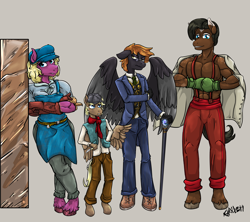 Size: 8860x7854 | Tagged: safe, artist:ghouleh, oc, oc only, earth pony, pegasus, anthro, apron, boxing, cane, clothes, colt, family, female, foal, grumpy, hat, knife, leaning, male, mare, necktie, smiling, sports, stallion, suit, suspenders, urchin, vest, victorian