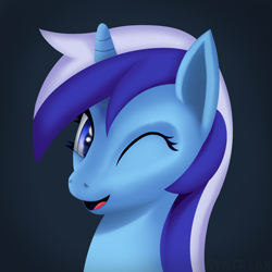 Size: 2480x2480 | Tagged: safe, artist:syntriax, minuette, pony, unicorn, g4, bust, high res, looking at you, multicolored hair, one eye closed, open mouth, portrait, wink, winking at you