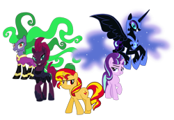 Size: 3818x2637 | Tagged: artist needed, source needed, safe, mane-iac, nightmare moon, starlight glimmer, sunset shimmer, tempest shadow, alicorn, earth pony, pony, unicorn, g4, antagonist, armor, broken horn, eye scar, female, flying, frown, grin, group, helmet, high res, hoof shoes, horn, looking at you, mare, quintet, raised hoof, red eyes, s5 starlight, scar, simple background, smiling, spread wings, transparent background, wings